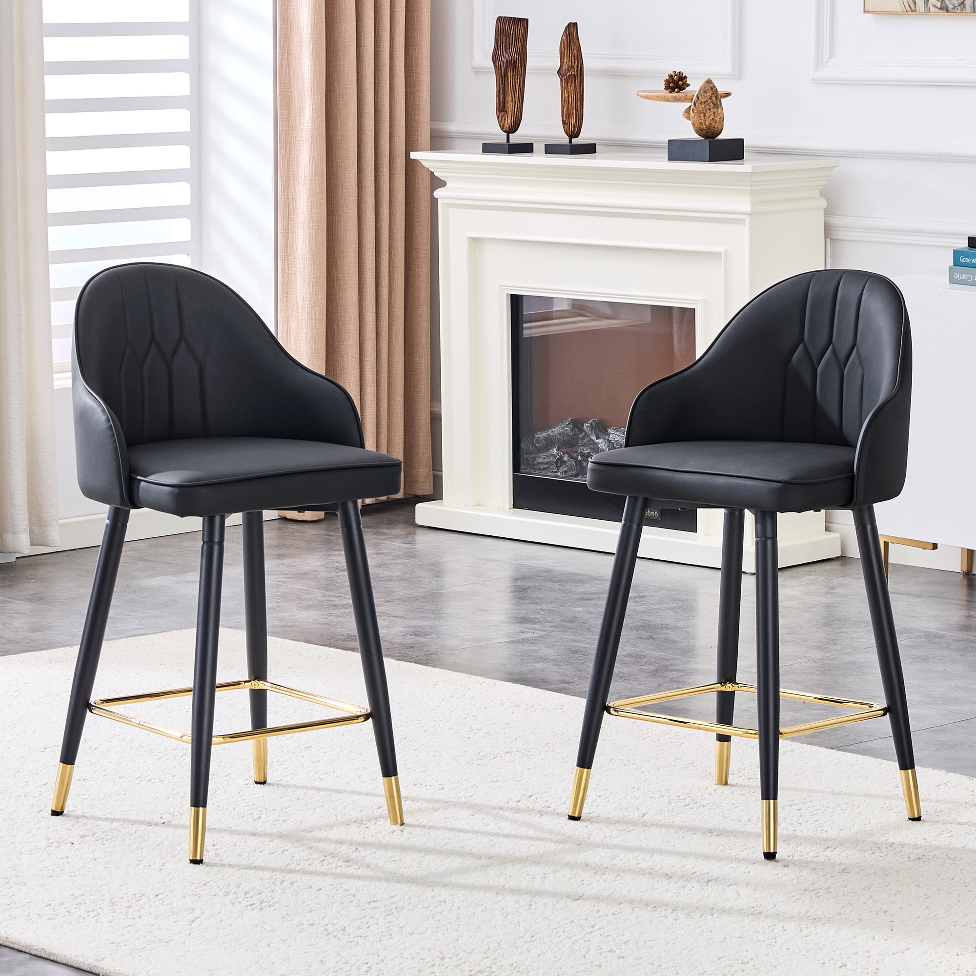 Mintazer Modern Bar Stools Set of 2, Waterproof PU Leather Bar Stool with Backrest & Gold Accent Footrest, Counter Height Bar Chairs for Kitchen Island, Black