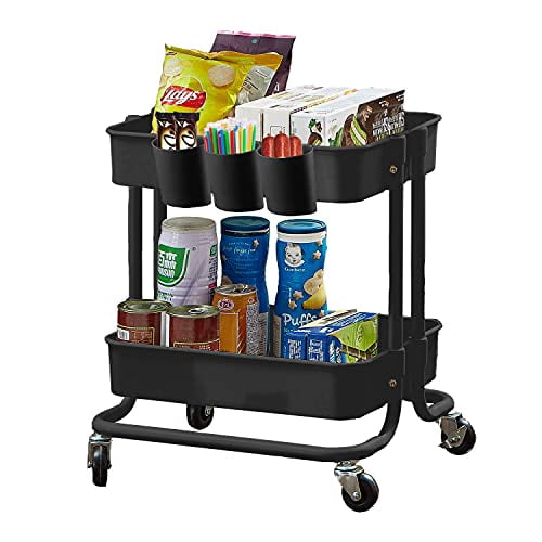 2-Tier Utility Rolling Cart Storage Sofa Side Table with Wheels, Mobile ...