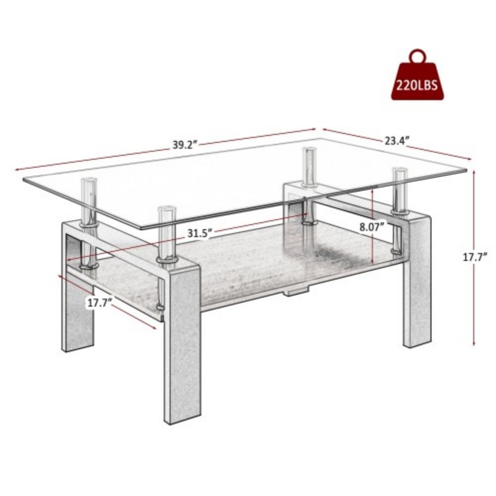 Rectangle Coffee Table, 39.2" Brown Tempered Glass Tabletop with Black MDF Storage Shelf and Iron Legs, Modern Clear Glass Center Table for Living Room, 220 lbs