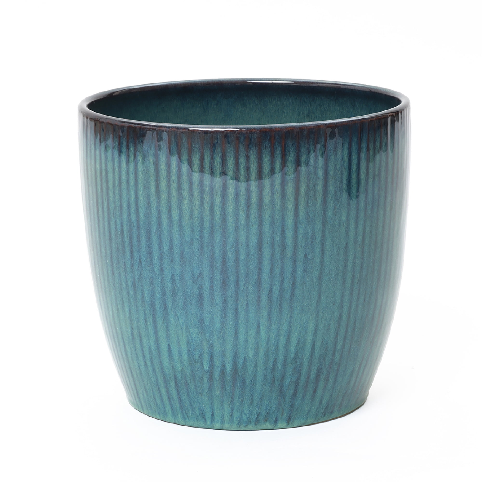 LuxenHome 12" Dia Large Round Plant Pots with Vertical Line Texture, Modern Blue Ceramic Planter for Living Room, Patio, Garden