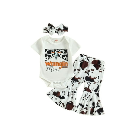 

Inevnen Baby Girls Outfits Letters Print Romper with Cow Pattern Flare Pants + Headband