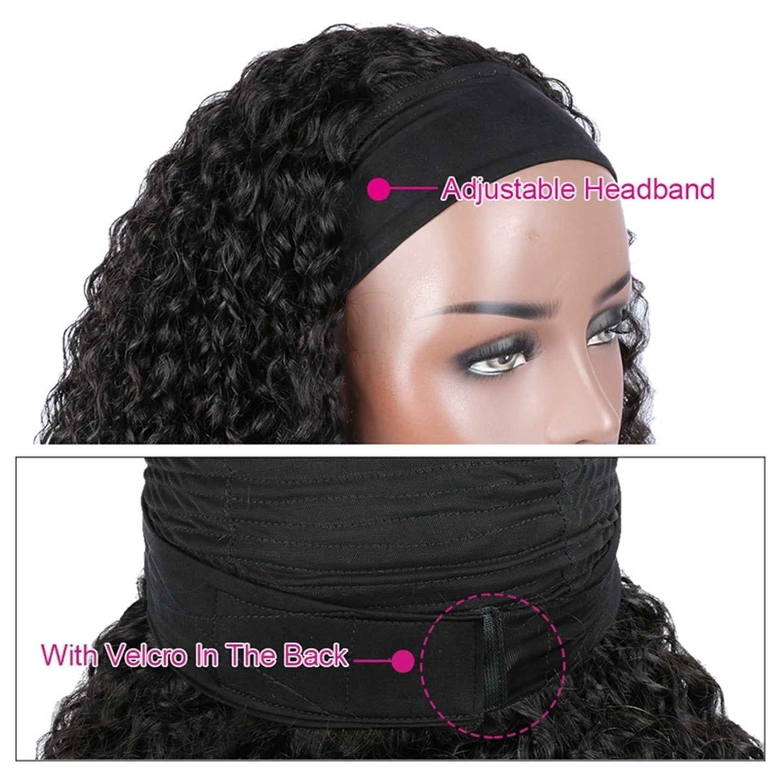 Headband Wig Human Hair Water Wave, Glueless Curly Human Hair Wig with Pre Attached Scarf, Wear and Go Wigs for Black Women(BK4,One Size)
