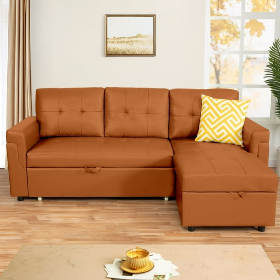 Home Imports Emporium Reversible L-Shape Sleeper Sectional Sofa with Storage, Modern Convertible Sofa Bed for Living Room Caramel,Air Leather