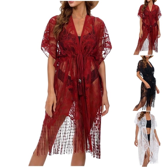 Feancey Lace Cover Ups for Women Fringe Hem Embroidery Bathing Suit Cover Up Swimwear Tie Up Summer Beach Swimsuit Coverups Black Free Size