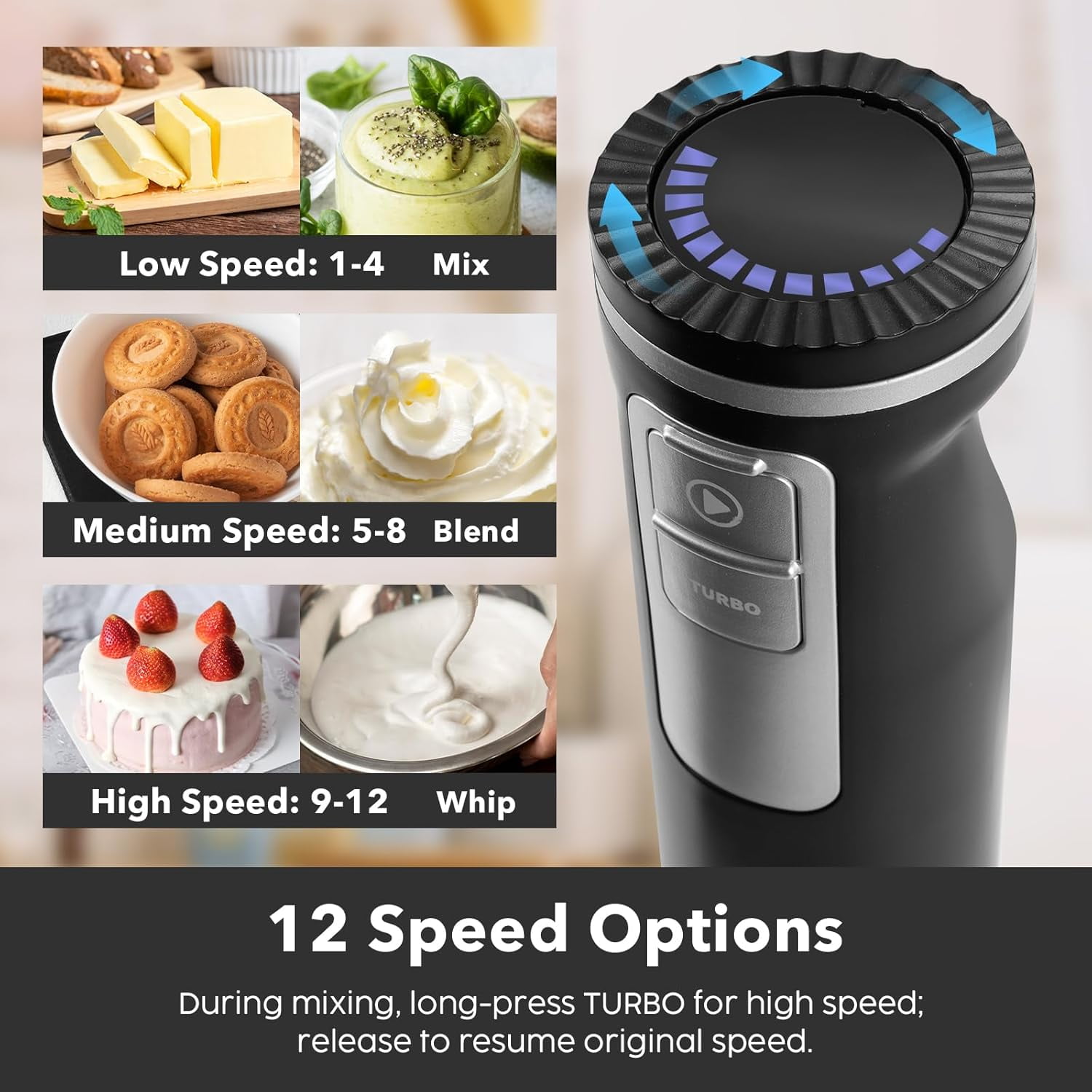 2-in-1 Hand Mixer Immersion Blender Electric with 600W Motor, 12 Speeds &