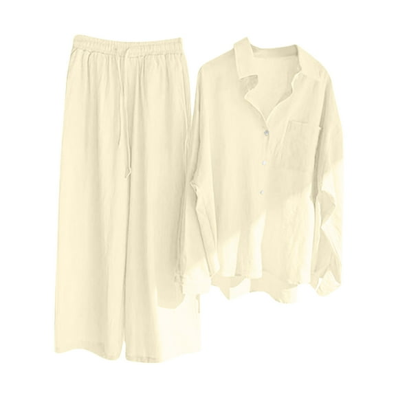 Lovskoo Women's Two Piece Pajama Sets Cotton Linen Long Sleeve Button Down Sleepwear Nightwear Soft Lounge Sets Beige
