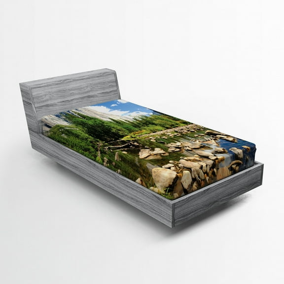 Ambesonne Nature Fitted Sheet, Yosemite Forest River, Twin Size, Green Blue