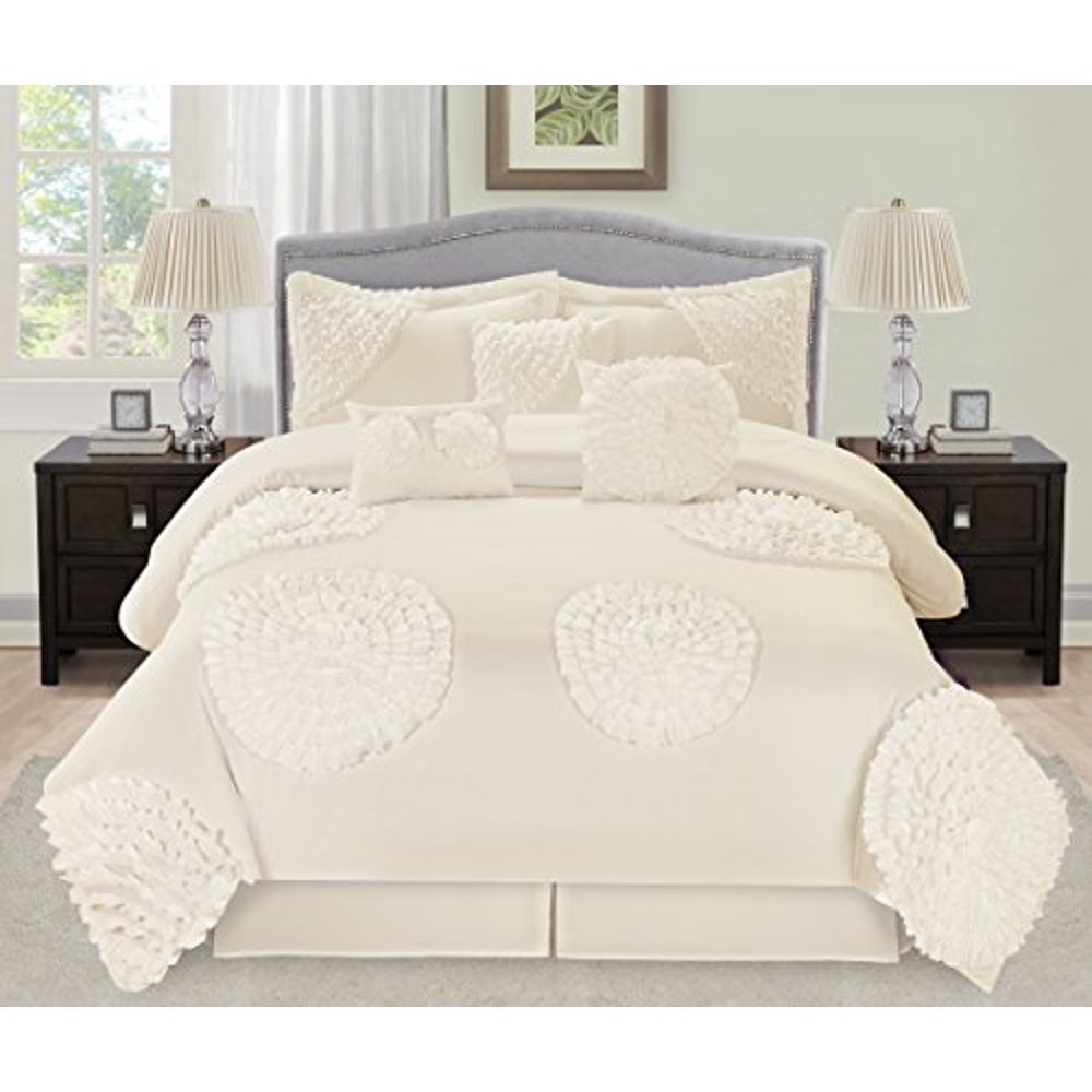7 Piece AVALON Six Big Flowers Pleated Clearance bedding Comforter Set