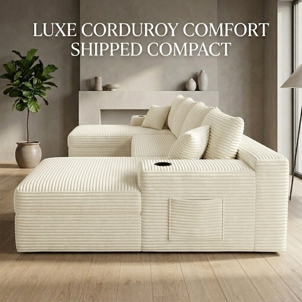 Howcool 134" Modular Cloud Couch, U-Shaped Sectional Sofa with Double Chaise, Oversized Deep Seat Boneless Corduroy Sofa with Cup Holders & Side Pockets, No Assembly Required, Beige