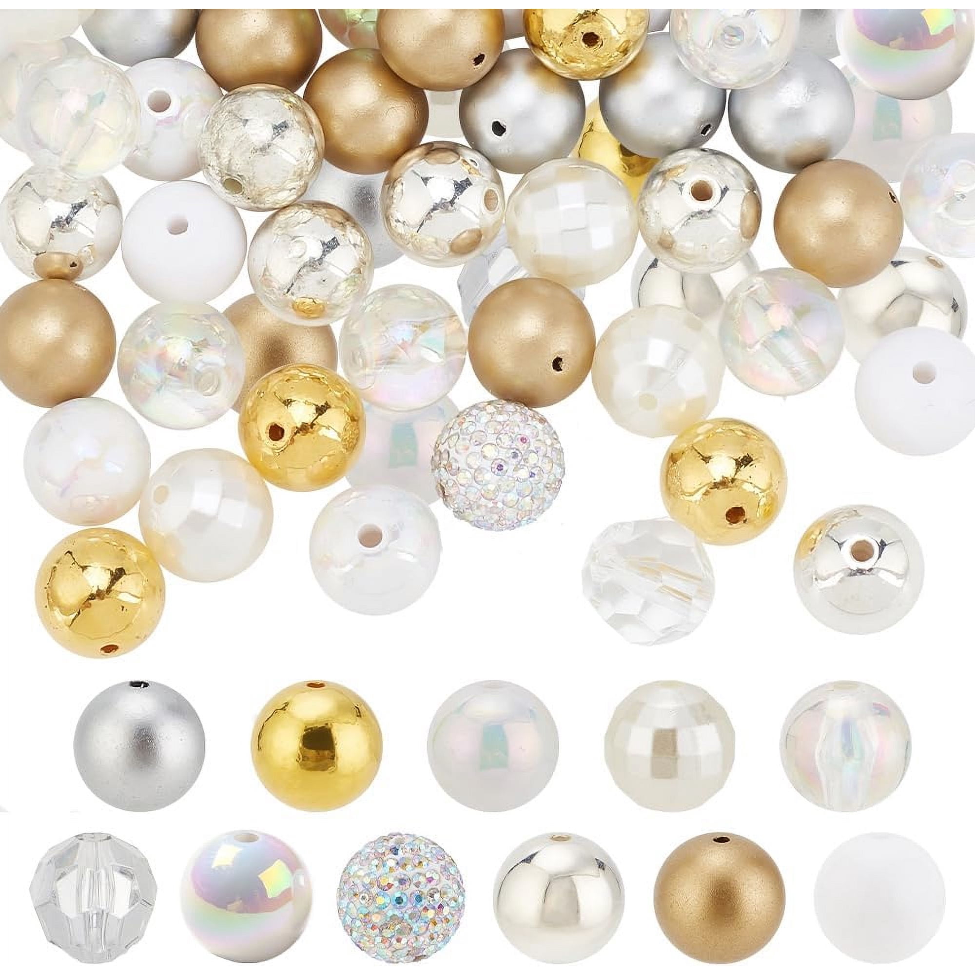 1Box DIY Beads Jewelry Making Finding Kit Including Plastic Acrylic Polymer Clay Resin Rhinestone Beads Round White 102pcs/box