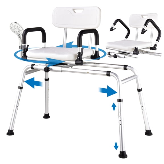 Sliding Tub Transfer Bench for Bathtub, Padded Shower Bench with Pivoting Arms, Height Adjustable Shower Seat 440 lbs Capacity for Seniors