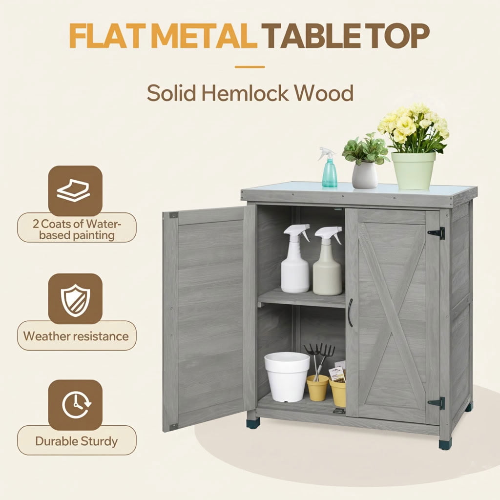 MAYEERTY Weatherproof Wood Potting Bench with Metal Table Top, Magnetic Doors, Outdoor Storage Cabinet for Patio, Yard, Balcony, Garage