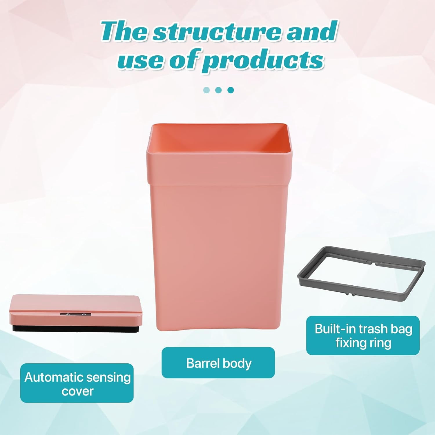 Dkelincs 13 Gallon Kitchen Trash can with Lid, Plastic PP Automatic Sensor Touchless Garbage Can, Pink(3 Pack)