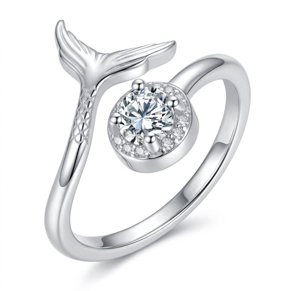 Sterling Silver Mermaid Tail Open Ring with Zircon, Adjustable Open Ring for Women, Daily Birthday Anniversary Jewelry Gift for Women Mother Daughter Niece