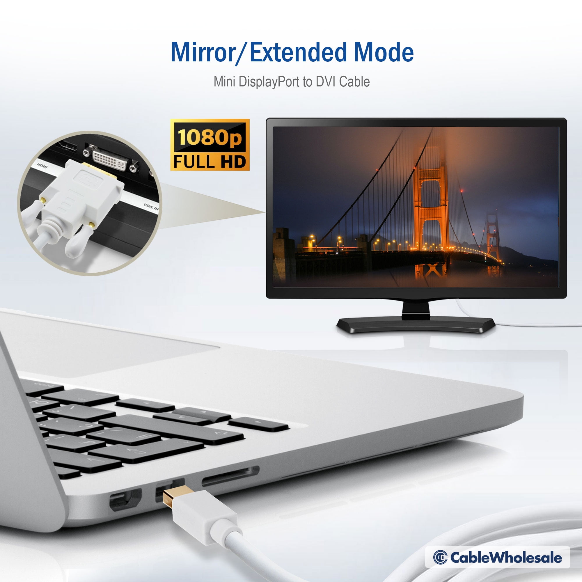 Cable Wholesale Mini DisplayPort to DVI Video Cable- Mini DisplayPort Male to DVI Male- 10 foot