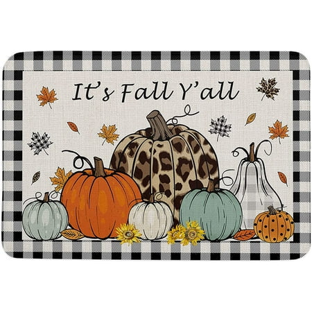

It s Fall Y all Memory Foam Soft Door Mat Indoor Doormatches Absorbent Floor Mat Anti-Skid Welcome Mat for Front Door High Traffic Areas Thanksgiving Pumpkins Black Plaid 24x16 Inch