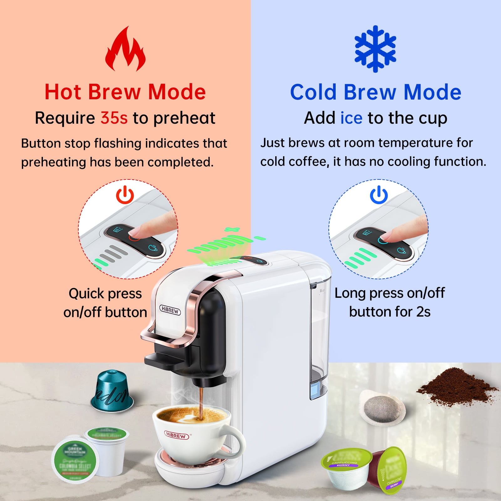 HiBREW 5-in-1 Expresso Machines for Home, Compact Coffee Machine for Pods, Capsules & Espresso Powder H2B