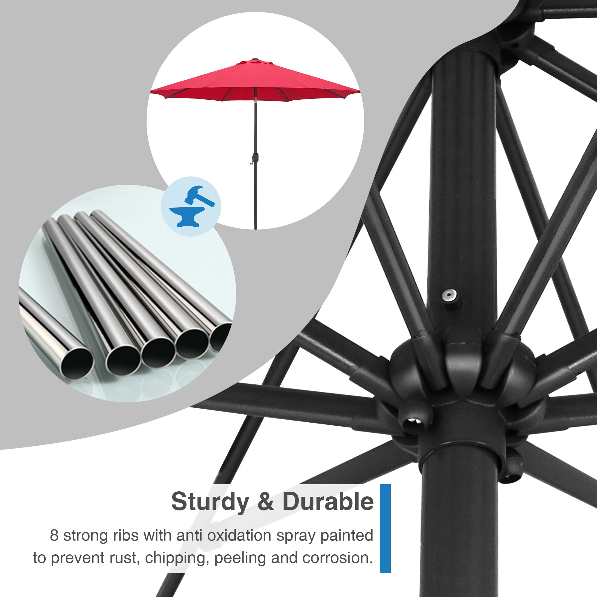 Kool 10FT Outdoor Patio Umbrella with Push Button Tilt and Crank Handle, Market Umbrella with 8 Sturdy Umbrella Ribs, Red