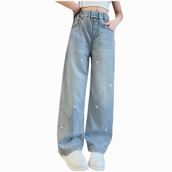 TOWED22 Girls Casual Fit Jeans Straight Leg Denim Pants with Pockets Relaxed Kids Trousers Light Blue,11-12 Y