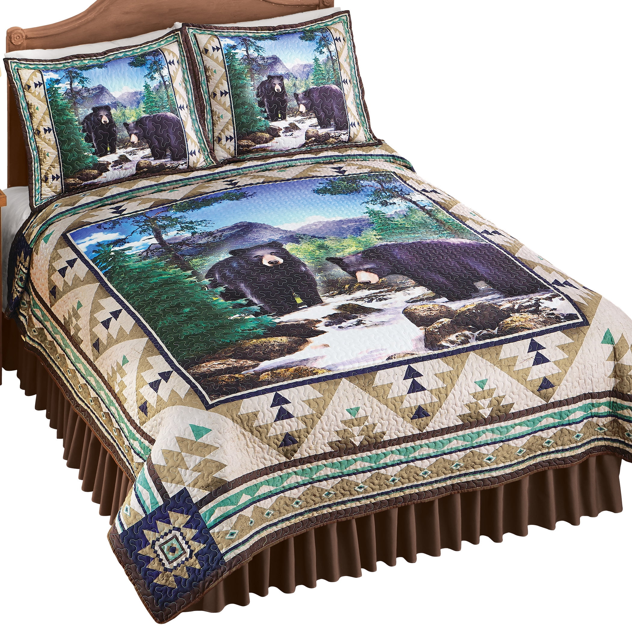 Bear in The Mountains Aztec Patterned Quilt Woodland Bedroom Decor