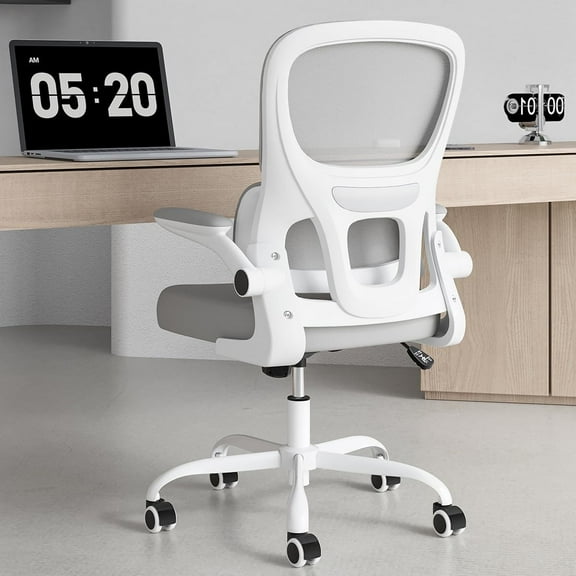 Farini Ergonomic Office Chair, Mesh Desk Chair with Lumbar Support, Comfy Computer Desk Chair with Flip Armrest Rolling Wheels for Home Study Room Office, White & Gray