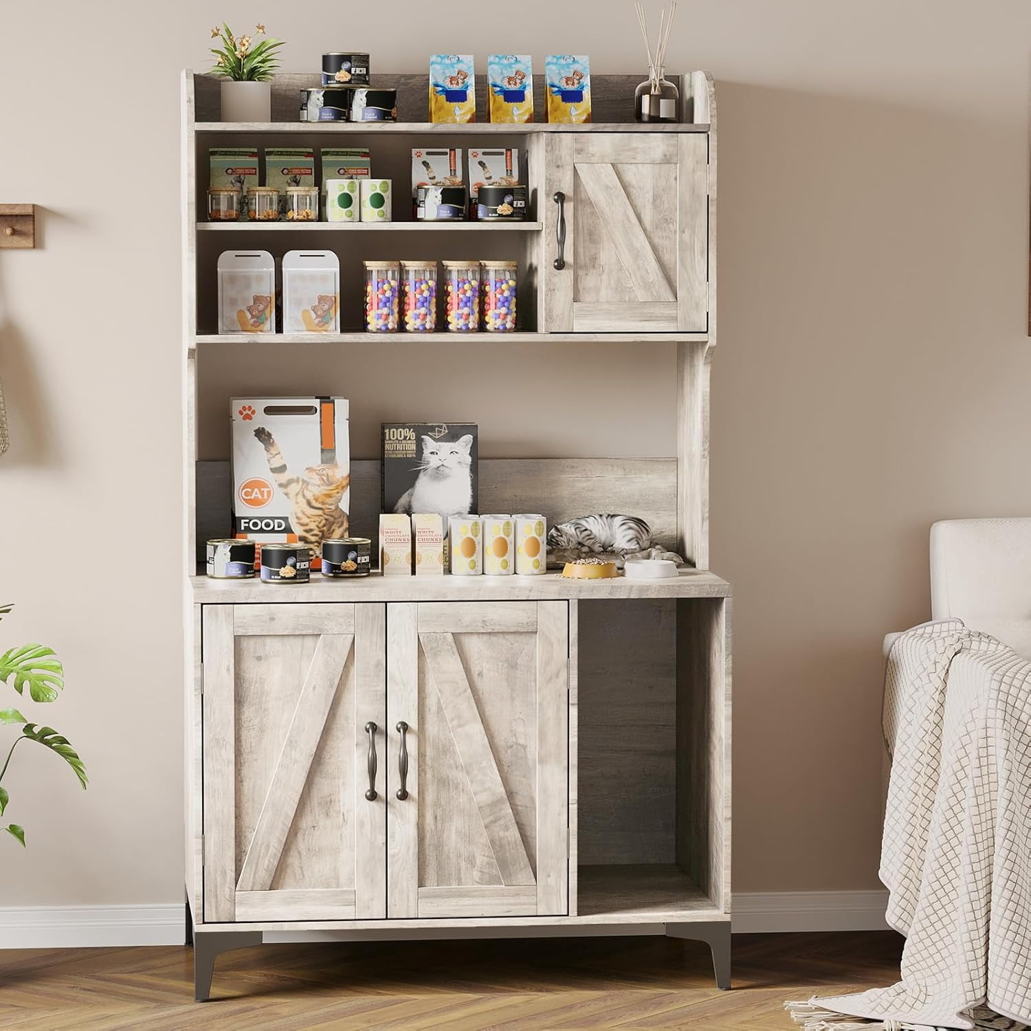 Large Hidden Litter Box Furniture with Shelves and Cabinet,Farmhouse Cat House Washroom with Scratch Pad,Wooden Enclosure for Self-Cleaning Litter Boxes