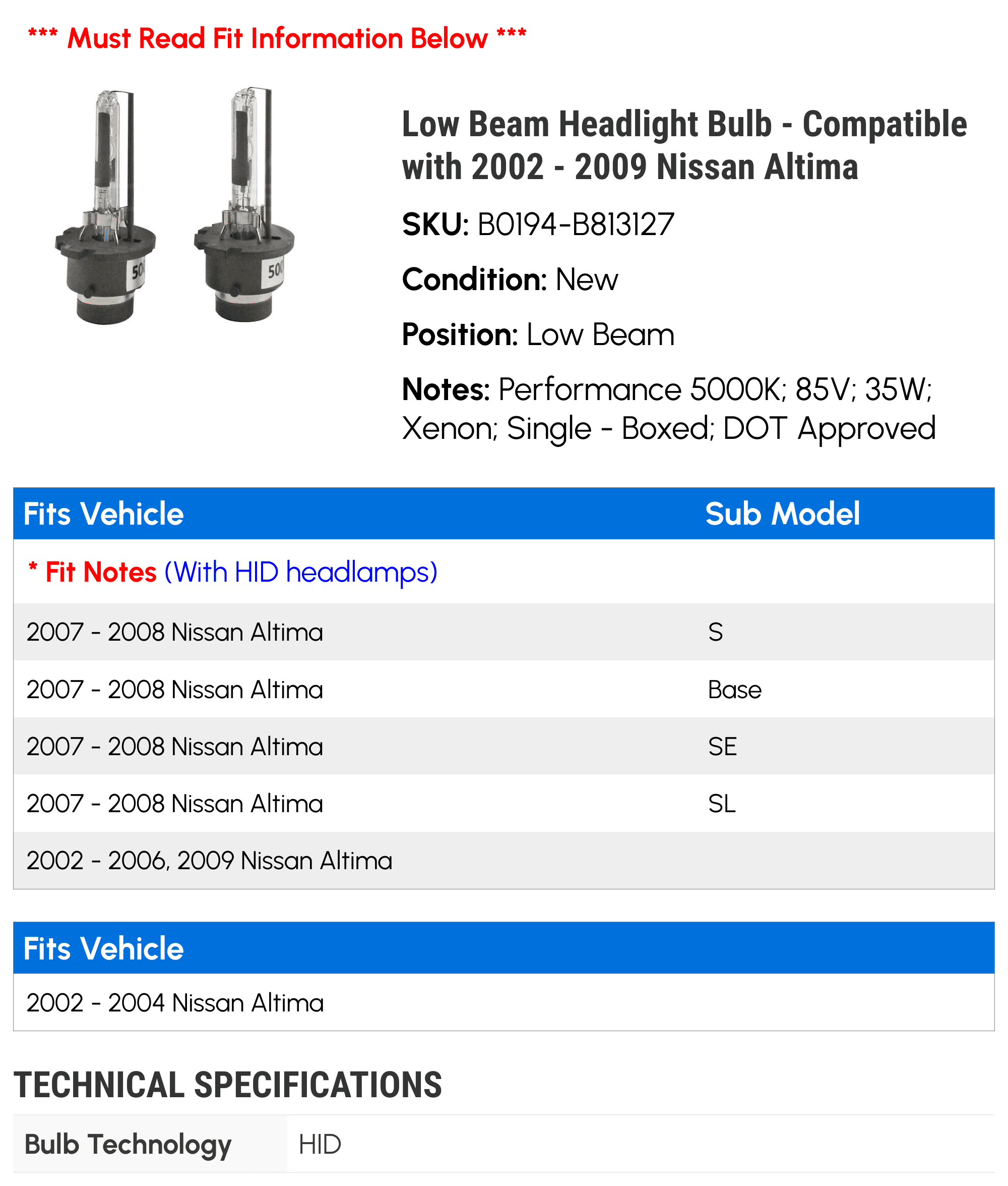 Low Beam Headlight Bulb - Compatible with 2002 - 2009 Nissan Altima 2003 2004 2005 2006 2007 2008