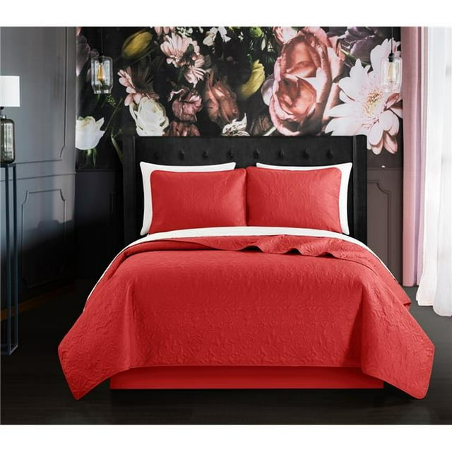 Chic Home BQS20406-US Leya 3 Piece Quilt Set with Floral Scroll Pattern Design Bedding - Pillow Shams, Brick - Queen