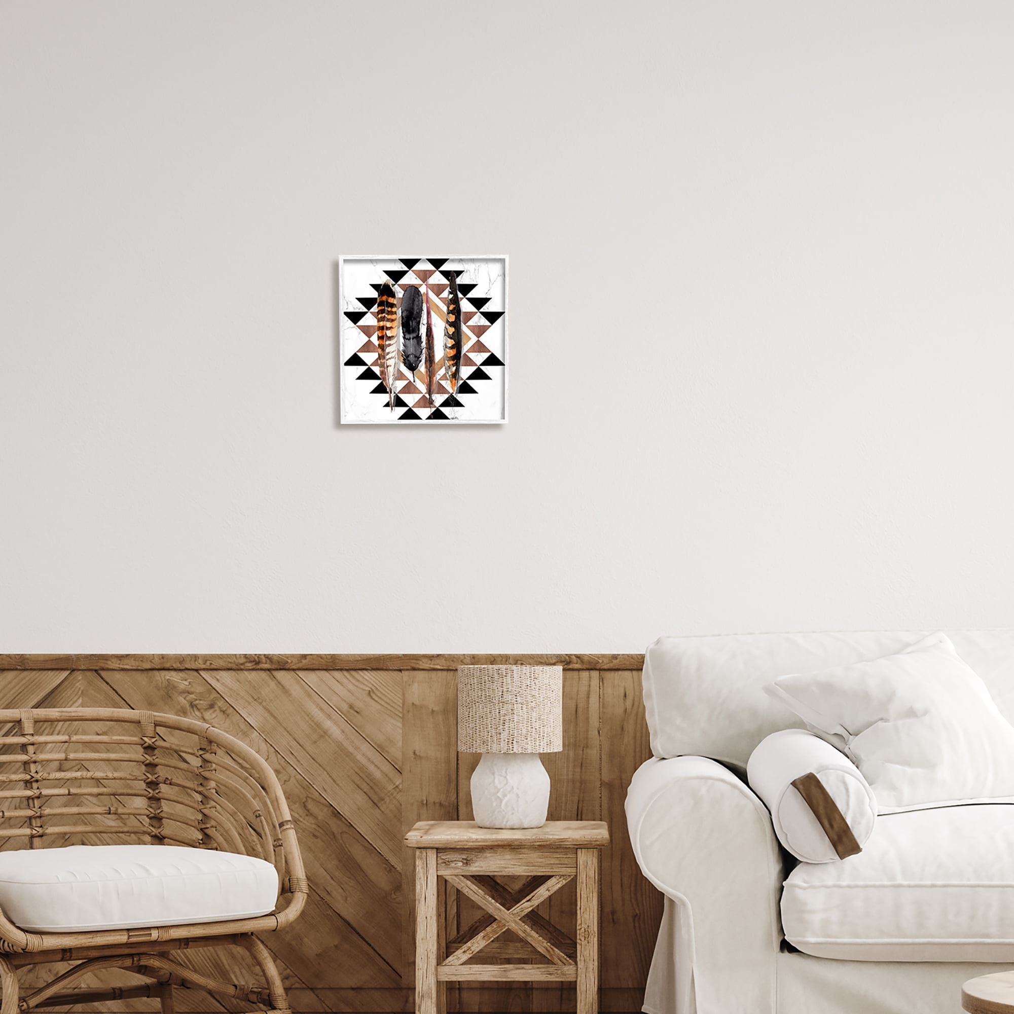 Stupell Industries Boho Feathers on Geometric Animals & Insects Painting White Framed Art Print Wall Art, 12 x 12
