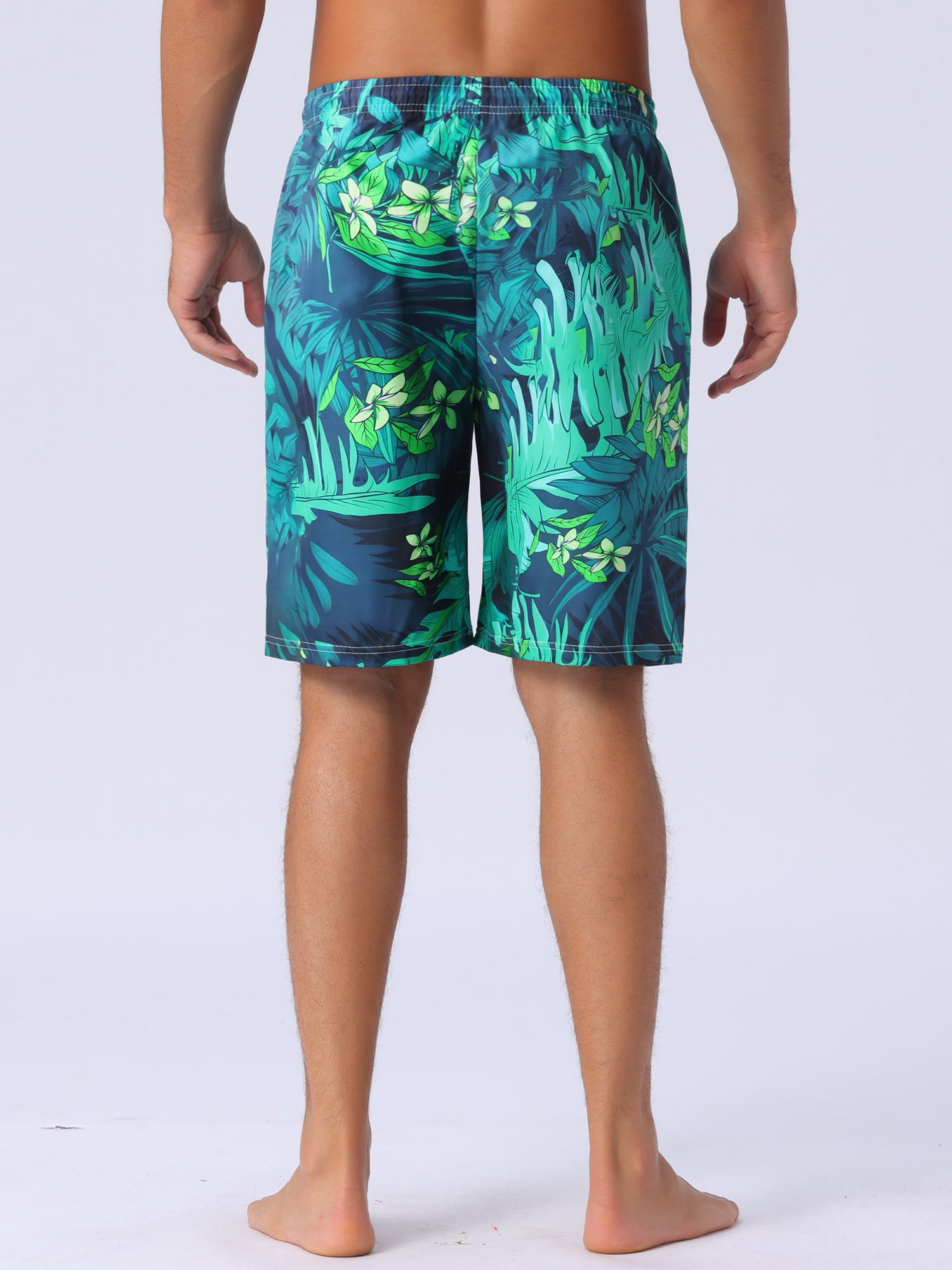 DARING DIVA Men's Floral Print Elastic Waist Drawstring Hawaiian Beach Swim Shorts 30 Dark Green