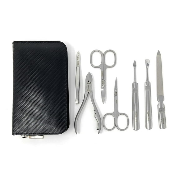 7-Piece Luxury German Manicure Pedicure Set Premium Stainless Steel Grooming Kit Hand Made in Solingen Germany in Genuine Cowhide Leather Case with Bonus Shpitser Crystal Glass Professional Nail File