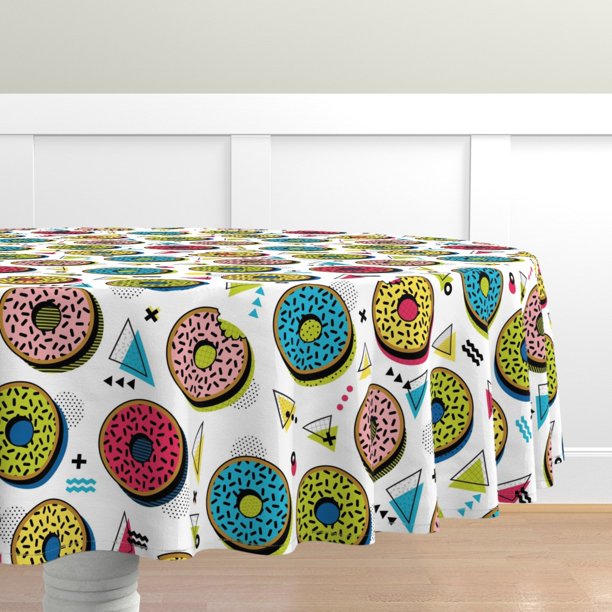 Cotton Sateen Tablecloth, 70" Round Snacking Memphis Geometric Donuts