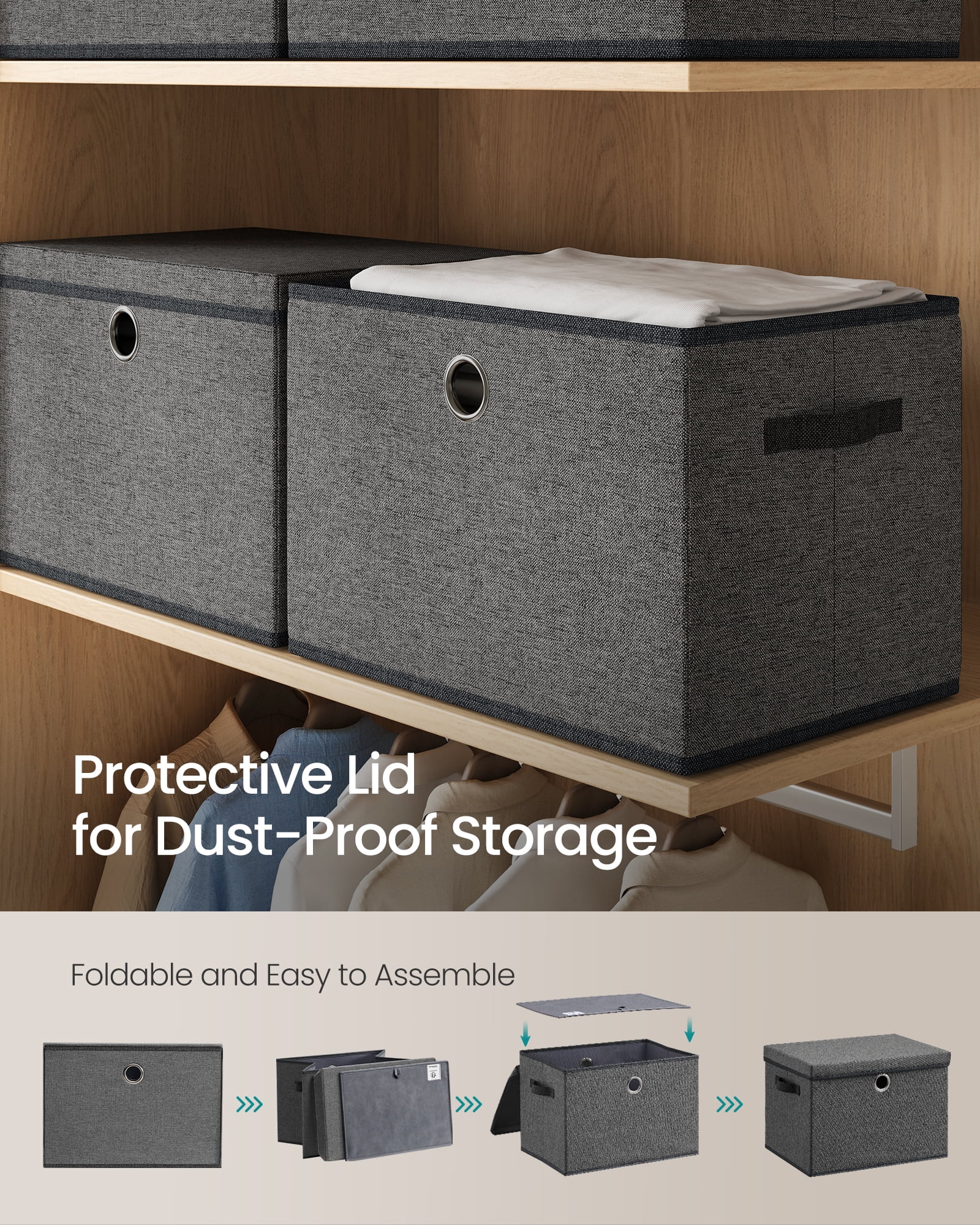 SONGMICS Storage Bins with Lids, 3 Pack Stackable Fabric Storage Boxes, Odorless PP Sheets, Foldable Cube Baskets Organizers with Handles, Slate Gray
