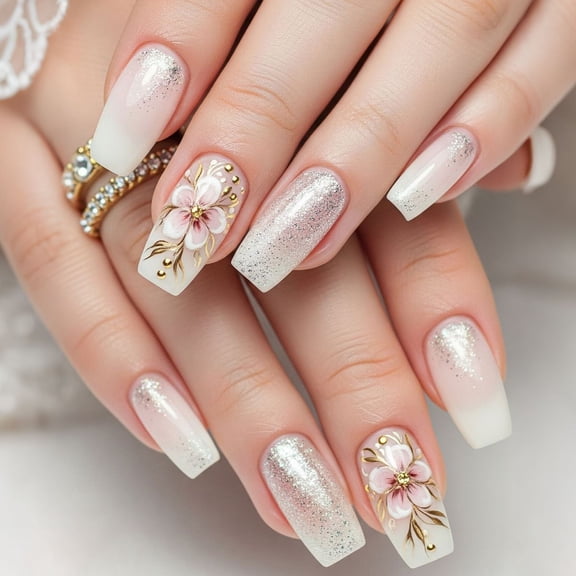 ONLYEOR Gradient Press On Nails, Flower Design with Diamond Rhinestones, Medium Square Fake Nails for Party & Wedding