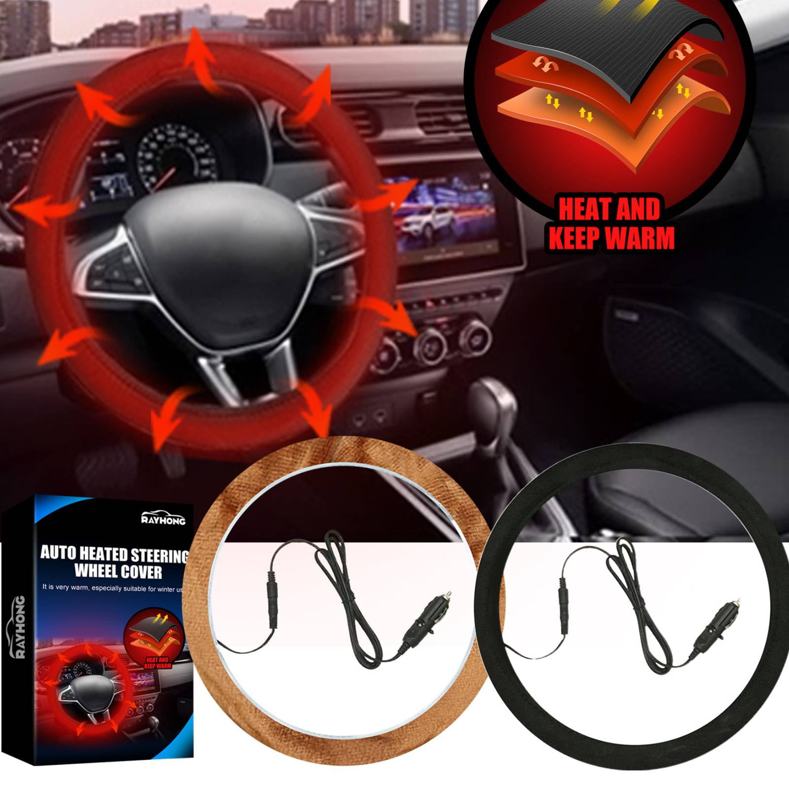Auto Heated Steering Wheel Cover, 12V Fast Heating Winter Steering