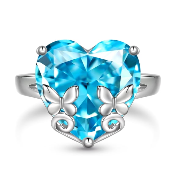 Juwaliy Women Heart Ring 925 Sterling Silver Butterfly March Birthstone Aquamarine Blue Solitaire Ring Jewelry Birthday Gift for Mother