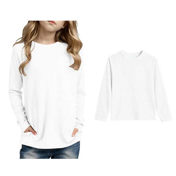 Boys T Shirt White Long Sleeve T-Shirt with Pocket Kids Crewneck Basic Tees Fall Tops Size 5-6 Years Girls Clothes