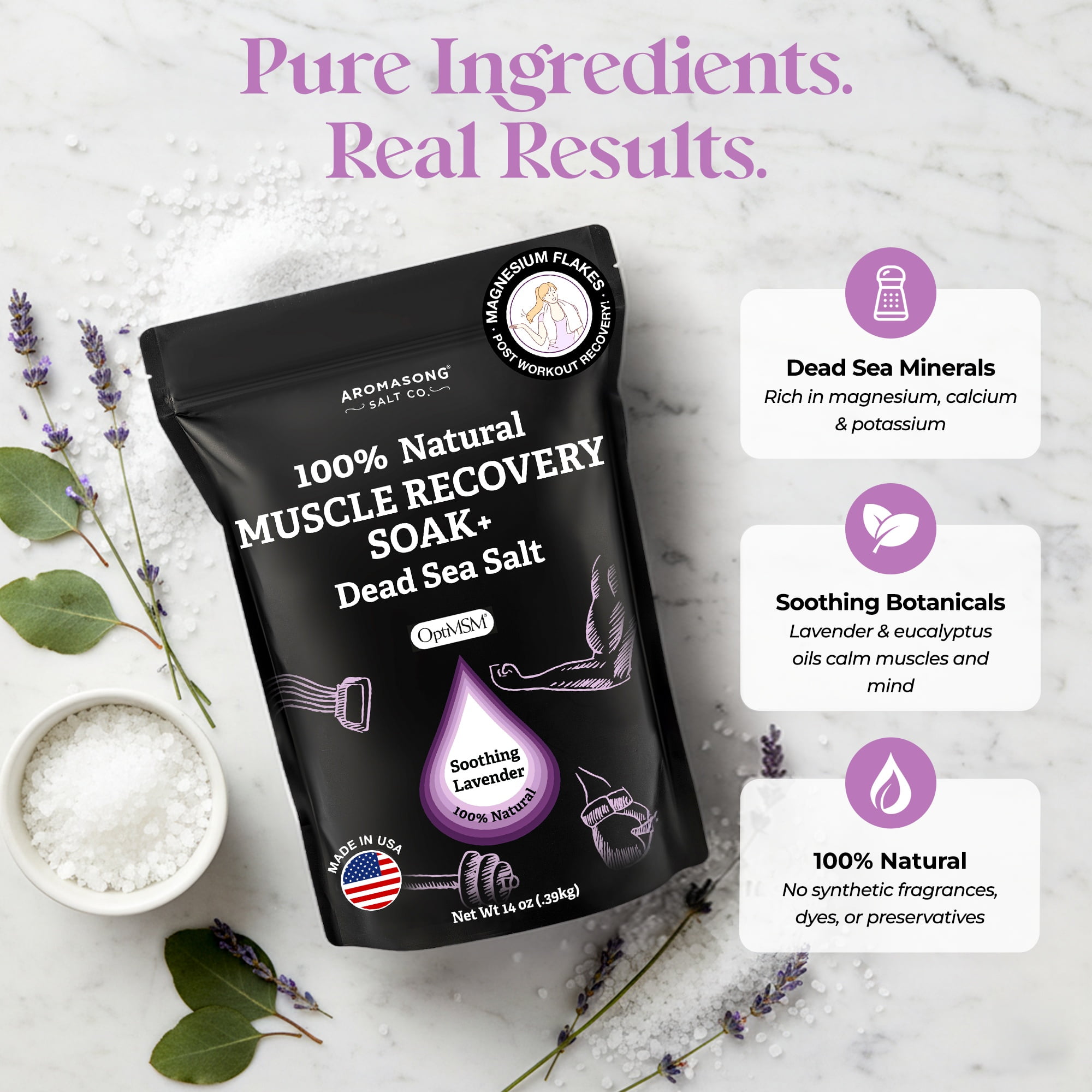 Aromasong Muscle Recovery Bath Soak with Dead Sea Salt, Magnesium & OptiMSM, Lavender, 3 lb