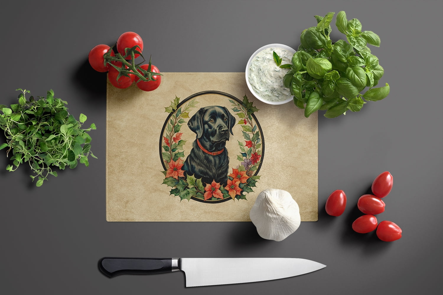 Labrador Retriever Christmas Flowers Glass Cutting Board 12 in x 15 in