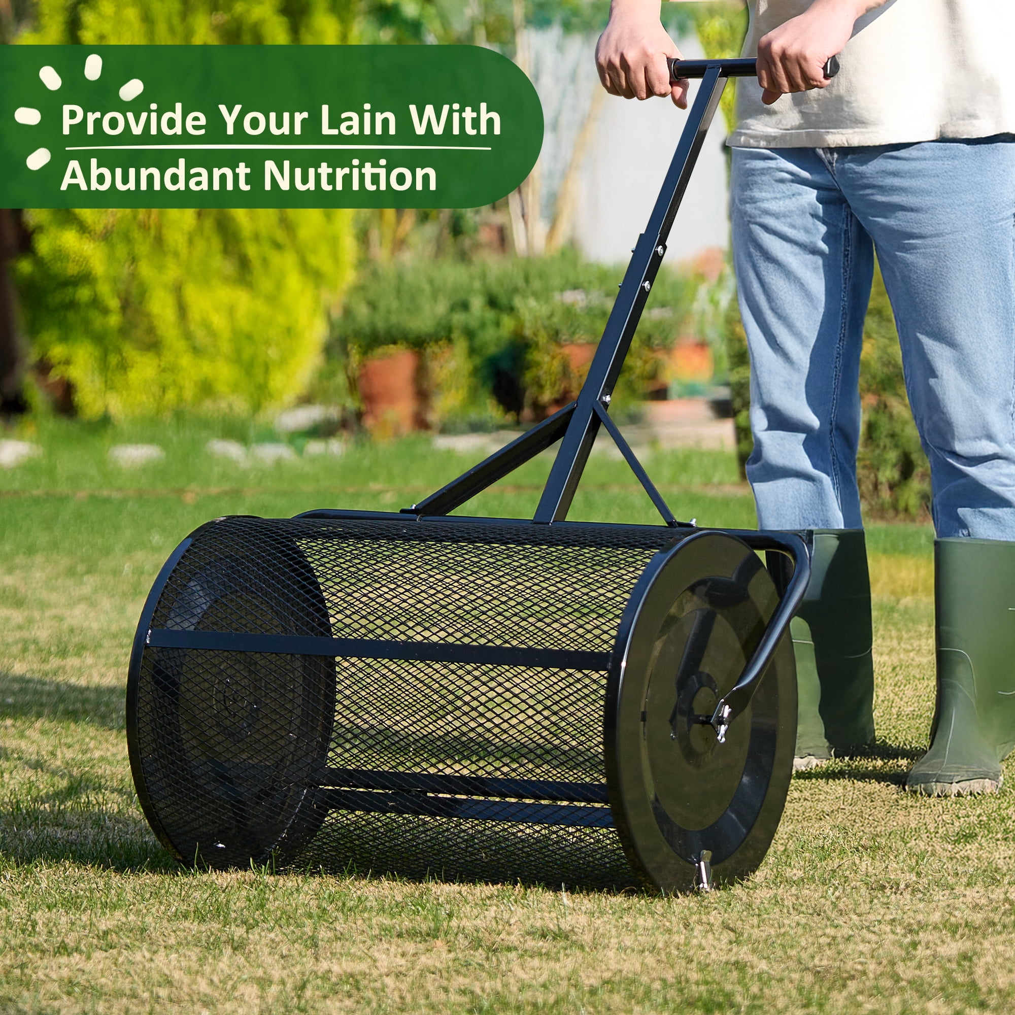 MUCHANT 24" Compost Spreader, Heavy-Duty Metal Mesh Spreader with Adjustable Handle for Lawn, Black