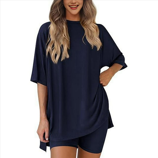 Conjunto de Dos Piezas para Mujer, Verano 2025, Informal, de Gran Tamaño, con Pantalones Cortos de Motociclista, Azul Oscuro, L