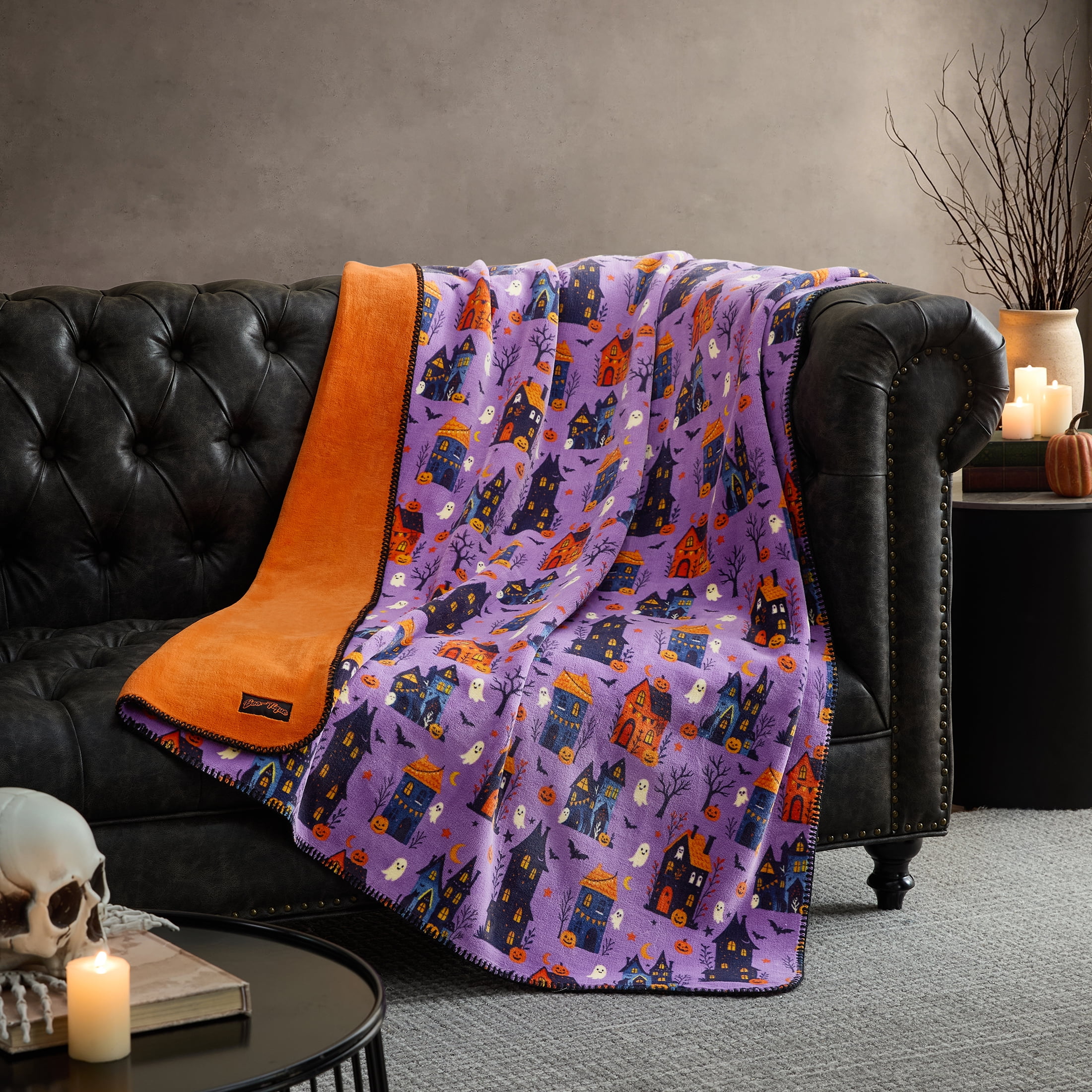 Boo-tique Halloween Reversible Oversized Couch Throw Blanket, Haunted Houses, Purple, 50 x 72 in