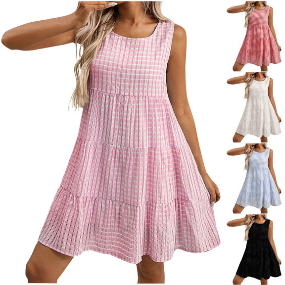 TAGOLD Womens Camis Sleeveless Dress Plaid Crew Neck Loose Casual Summer Midi Dress