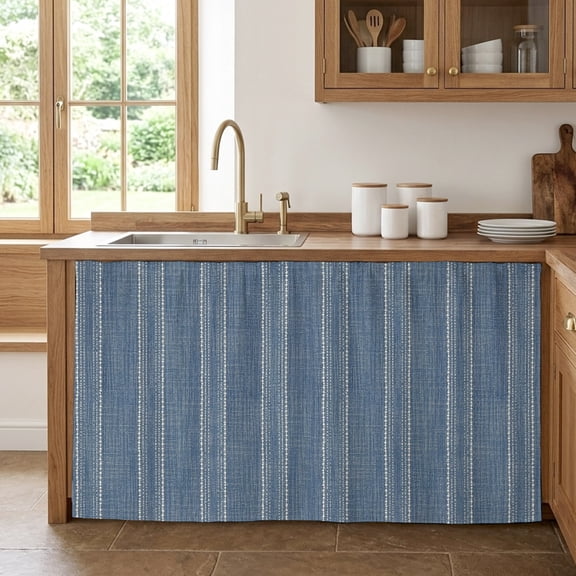 Denim Blue Striped Cabinet Curtains for Kitchen 28"Wx51"L, Coastal Grandma Farmhouse Rustic Linen Texture Under Sink Skirt Magic Tape Short Curtain Decorative Privacy Panel for Pantry Cabinet Opening