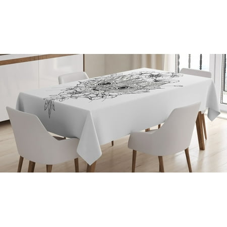 

Doodle Tablecloth Abstract Hand Drawn Image of a Cat with Elements from Many Cultures Flowers Lines Rectangular Table Cover for Dining Room Kitchen 52 X 70 Inches Black White by Ambesonne