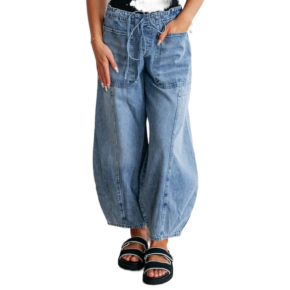 Myosotis Large Patch Pocket High Waist Drawstring Barrel Jeans for Women - [ZhiHiMeRi] | 10