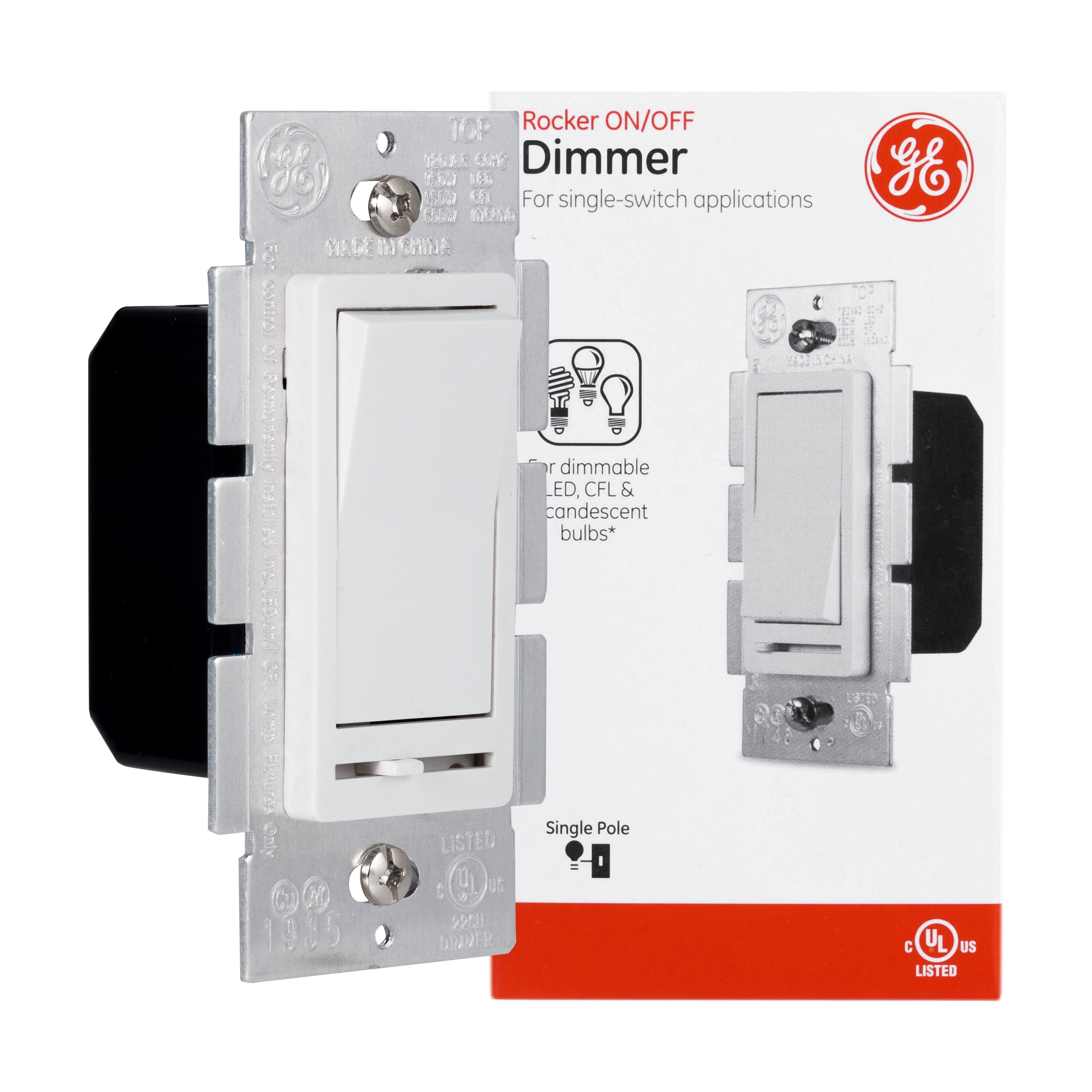 GE Slide Dimmer Rocker Switch, Single Pole, White – 10464