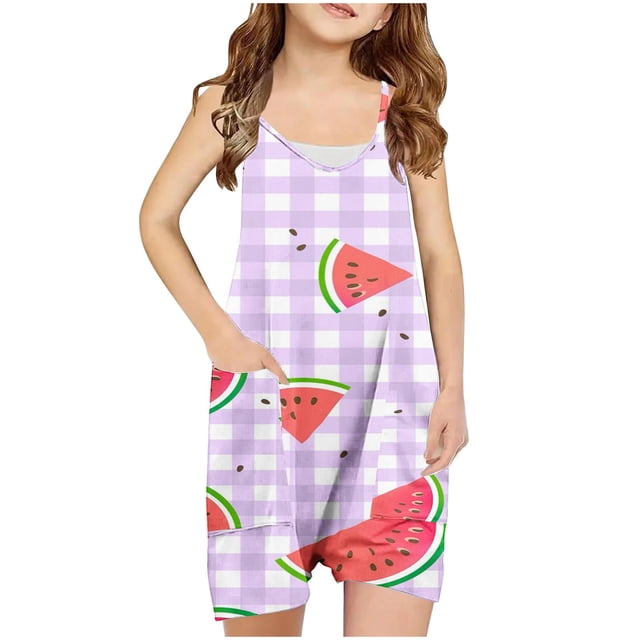 Fashion New Girls Casual Sleeveless Suspender Printed Jumpsuit Overalls