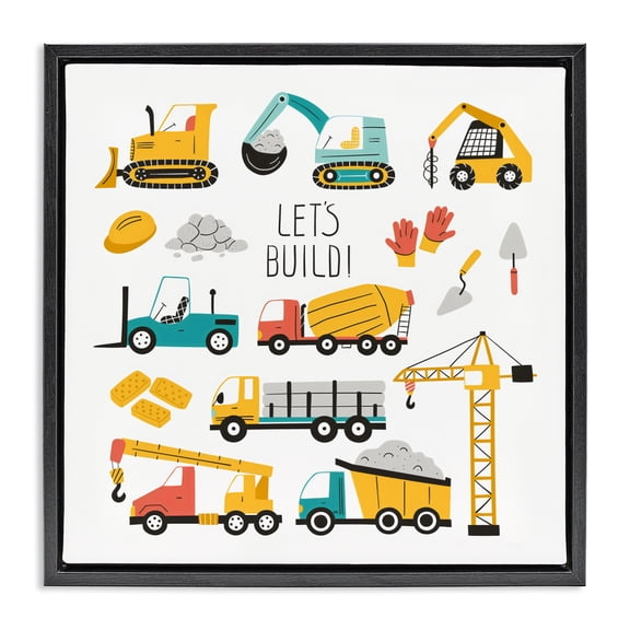 Stupell Industries Contemporary Let's Build Various Construction Trucks Black Floating Frame Canvas Art, 18 x 18, by Creative Studio