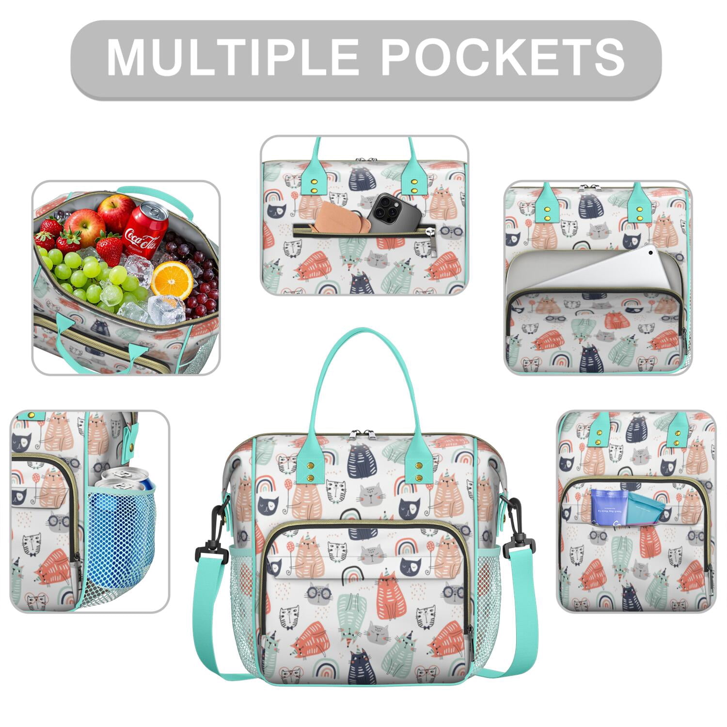 Funny Cat Pattern Lunch Bag – Insulated Leakproof Cooler Tote with Adorable Paw Prints, Large Dual Compartment Lunch Box for Work or School